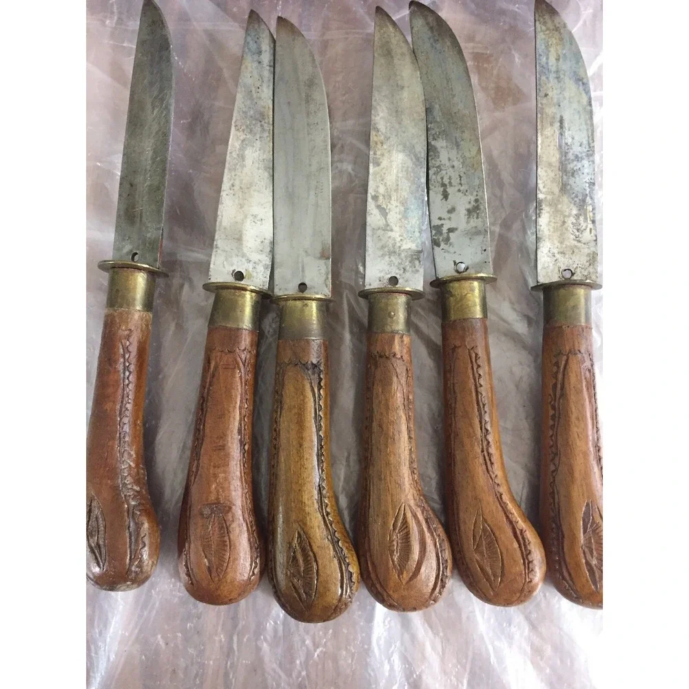 Vintage MCM Handcrafted Wooden Knife Set India 6pc Carved‎ Handles Wood Box Folk